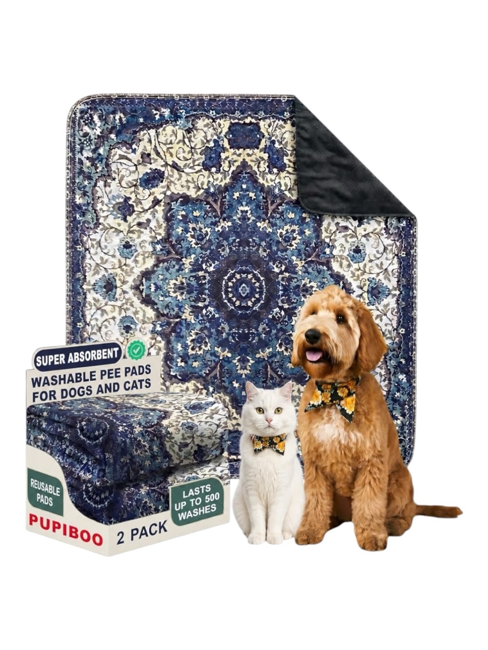 Pupiboo 2-Pack Washable Pee Pads for Dogs and Cats - Blue Medallion - Picture 3 of 3